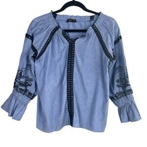 Mango Cotton Blend Embroidered Puff Sleeve Blouse Size S